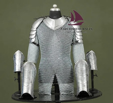 ZAIN Medieval Steel Silver Chainmail Armor Set Pauldrons, Gorget Armor Halloween picture