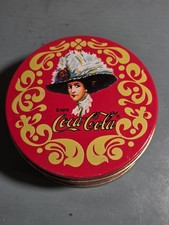 Coca Cola Red Tin Coaster Set With Cork Bottoms Featuring Vintage Lady Design -  picture