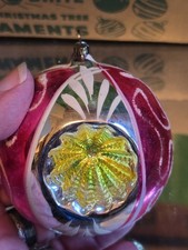 Vtg Lg BALL Triple DAISY Indent MICA Glass Christmas Ornament Austria 3.3/4