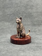 Art Deco Cat Figurine Cast Bronze Statuette Base In Volcanic Obsidian Stone picture