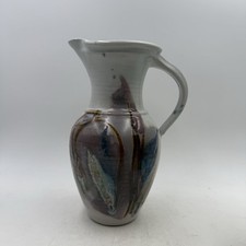 Studio Art Pottery Hand Thrown Pitcher Jug Artist Signed Abstract Design 9.25” T picture
