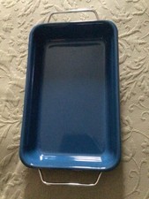 VINTAGE Blue Enamelware Rectangle Roasting Casserole Cooking Pan 12” x 7.5