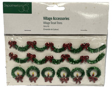 New Vtg Dept 56 Christmas Village Mini Tinsel Trim Garland Wreath w/ Red Bow 8pc picture
