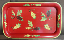 Vintage MCM Rectangular Red Tin Metal Serving Tray Fall Acorns Oak Leaves 14x9 picture