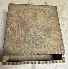 Small Square Brown Wooden Floral Trinket Box with Lid, early 1900s picture
