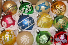 Lot 12 VTG Glass Glitter Stencil Pictured Multicolor BALL Christmas Ornament USA picture