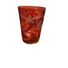 Cranberry Glass Vase Etched Floral 6.5