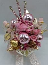 Vintage Handmade Pink Christmas Corsage Spun Cotton Angels Hat Glass Bird Bells picture
