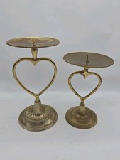 Vintage 2 Brass Heart Handle Candle Holders Elegant Patina Decor picture