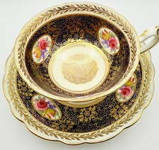 Vintage Paragon England Gold Gilt Cobalt Blue Rose Medallion Cup & Saucer Teacup picture
