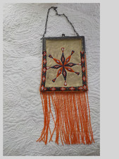 Apache Beaded Leather Bag c. 1920s on a metal frame 2 sided picture