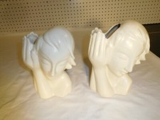 Pair Vintage made Japan Woman Hands Up Crackled White Ceramic Planters Bookends picture