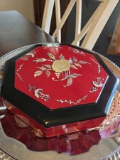 vintage Japanese octagonal wooden box, Mother Of Pearl Accents, Floral picture