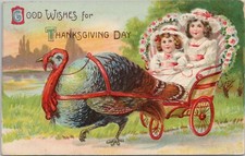 LITHO Thanksgiving Turkey Pulling Girls in Flower Wagon 1910 Quincy Illinois picture