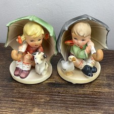 Arnart Figurines Boy & Girl Sitting w/ Umbrellas Duck Puppy Vintage Set 3727 picture