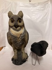 Vintage Papier Mache Owl & Crow Raven Halloween Decor Glass Eyes Pair Antique picture
