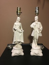 **Vintage TWO VICTORIAN COUPLE PAIR CHALKWARE LAMPS MAN WOMAN WHITE PAINTED FACE picture