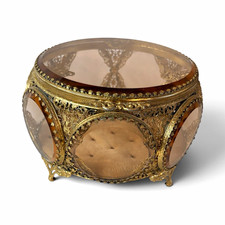 Vintage Faceted Glass Jewelry Casket Box Gold Filigree Footed Hollywood Regency picture