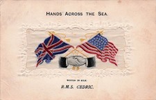 RMS Cedric Hands Across The Sea Silk Flags Military Patriotic Vtg Postcard J64 picture