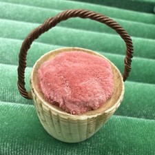 Antique German Miniature Sewing Pin Cushion Brass-Handled Carved Basket picture