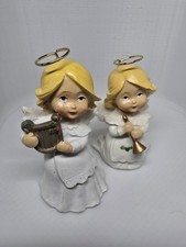 Christmas Angel Figurines Set of 2 Blonde Hair Harp Trumpet White Gold Halo picture