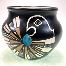 Hopi Toad Pueblo Bird Motif Pottery Vase Signed 3 1/2