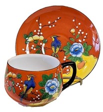 Antq Chikaramachi Beaded Moriage Bird Japan Tea Cup Set picture