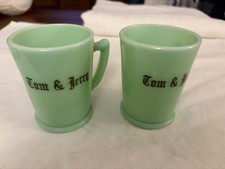 2 VINTAGE MCKEE JADITE JADEITE TOM & JERRY MUG CUP URANIUM GLASS GLOWS GREEN picture