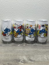 VINTAGE Set Of 4 Glasses 1982-83 The SMURFS-Baker, Clumsy, Brainy & Handy Smurf picture