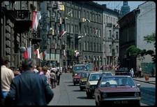 Photo:Krakow Poland 1960s Street Scene Cars Pedestrians Flags picture