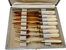 Vintage Neiman Marcus Fish Knife & Fork Set – Mother of Pearl Handles picture
