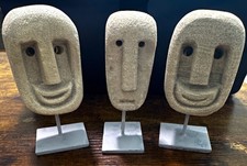 Set of 3 Sumba Stone Face Statues on Stand Primitive Tribal Indonesian Decor picture