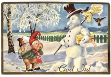 God Yul CHRISTMAS Postcard • Snowman and Elf • Posted 1954 Norway picture