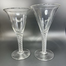 Antique Clear Hand Blown Air Twist Wine Glass Goblet Glasses Cups Set 2 Flutes picture