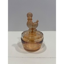 Vintage Marigold Carnival Glass Poodle Powder Jar Trinket Dish Amber Iridescent picture