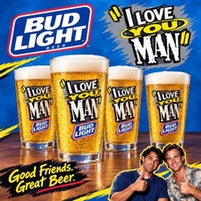 Vintage 90s Bud Light I Love You Man Pint Glass 16oz Beer Bar Man Cave Lot of 4 picture
