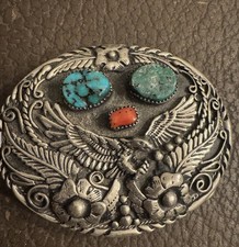 RareSST 88 Western Americana Belt Buckle Turquoise Coral Silver Tone Eagle picture