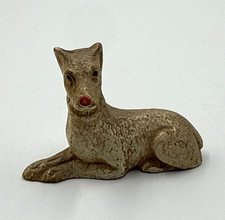 Vintage Chalkware Reclining Dog Figurine Hand Painted Red Nose Red Collar picture