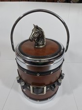 Vintage 1970s Equestrian Horse Head Ice Bucket Brown Faux Leather Mid Century... picture