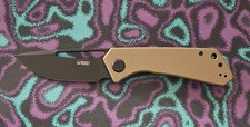 Kubey Thalia Folding Knife Tan G10 Handle 14C28N Drop Point Blackwash Blade picture