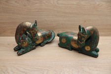 Pair Indian Rajasthani Carved Wood Brass Horse Statues Folk Art Decor picture