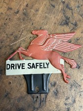 Vintage 1950'S Drive Safely Mobil Pegasus License Plate Frame Tag Topper picture
