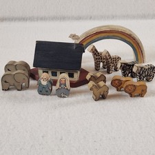 Vintage Carved And Painted Wooden Miniature Noah's Ark With Animals picture