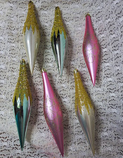 6pc Christmas Vintage Style Teardrop Ornaments Silver Pink Gold Glitter picture