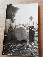 Velox postcard rppc. Loggers Falling Axe With Log. Logging Camp picture