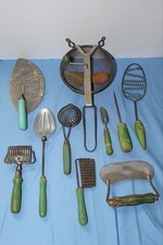 Vintage 1900-1919 10pc Kitchen Tool Lot Green Wood Handles picture