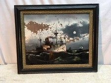 VINTAGE 1918-20 WW1 NAVY SHIP U.S.S. NEW YORK BATTLESHIP Reverse Oil Paint Frame picture