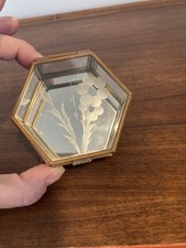 Vintage Hexagonal Etched Floral Glass Brass Metal Jewelry Trinket Box picture