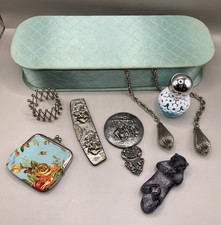 8pc VTG Vanity Boudoir Lot Glove Box Comb Mirror Pony Tail Coin Necklace Aqua picture