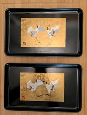 Vintage Yamanaka Lacquer Flying Cranes Tray Set of 2 Made In Japan picture